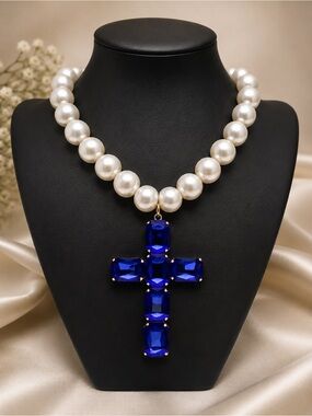 Pearl Necklace with Sapphire Blue Crystal Cross